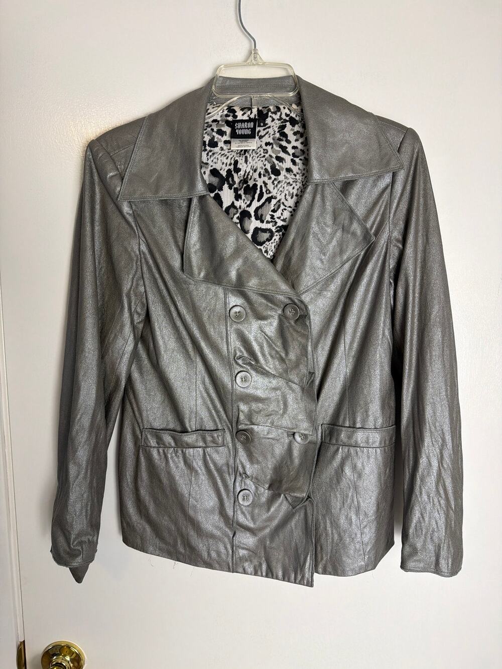 Sharon Young Metallic Silver Blazer Jacket Size 8 Animal Print Lining